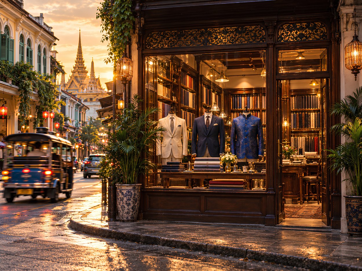 A Bangkok tailor shop at dusk