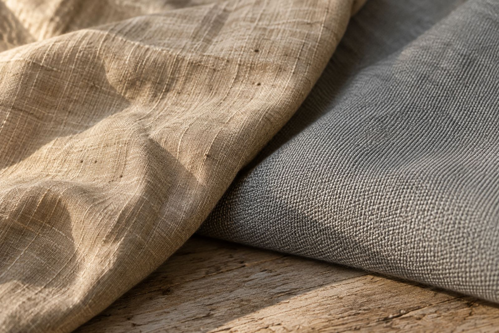 Close-up of sand-colored linen with soft creases beside a light gray open-weave wool fresco.