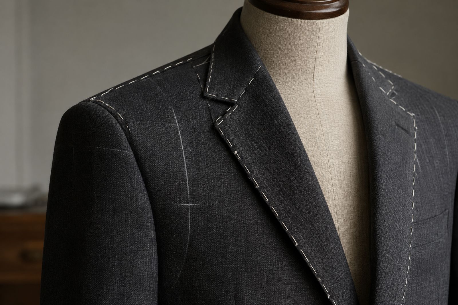 The shoulder and lapel of a basted charcoal jacket with white tacking stitches and chalk marks.