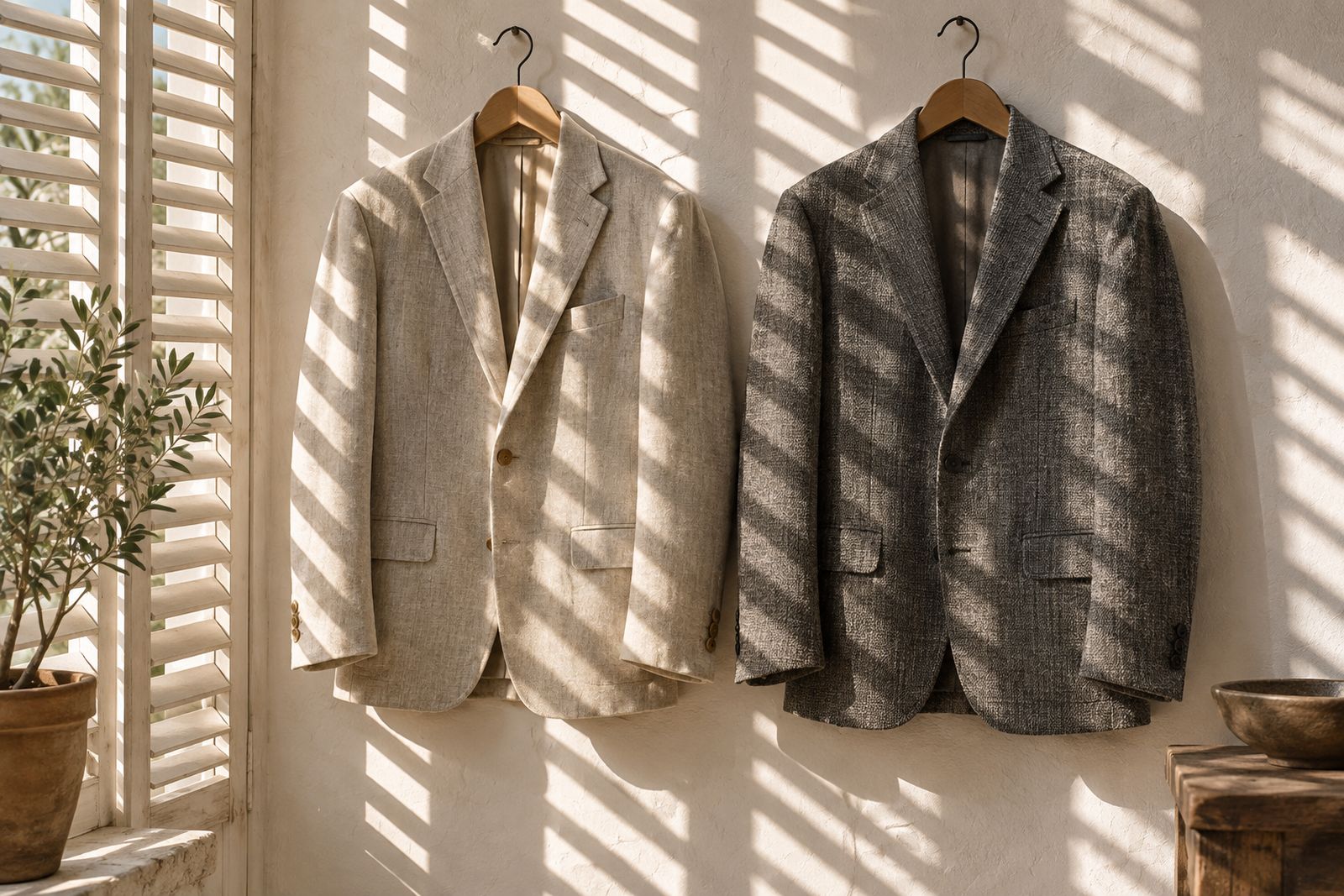 A stone linen-blend jacket and a gray open-weave wool jacket on wooden hangers in bright, striped summer light.