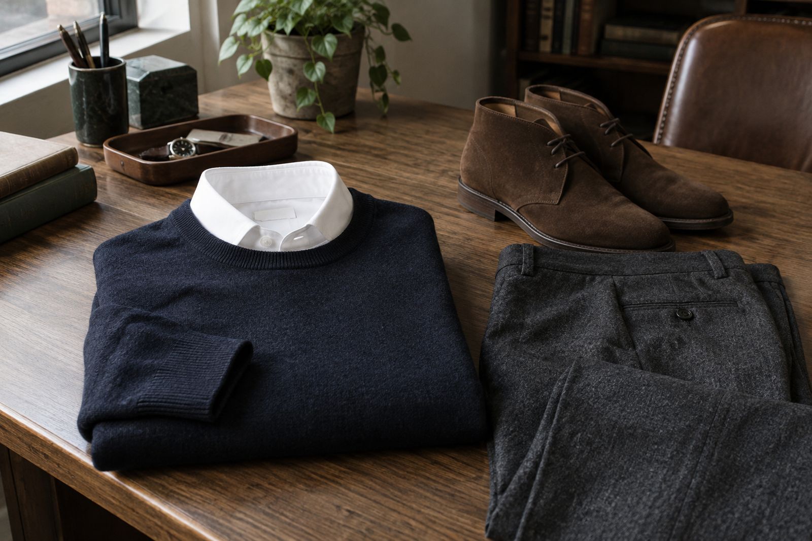 A navy merino sweater over a white shirt collar, with charcoal flannel trousers and brown suede chukka boots.