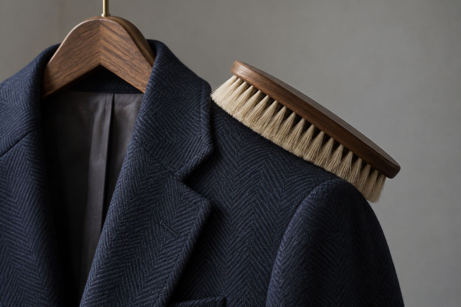 A natural-bristle clothes brush resting on the shoulder of a navy suit jacket.