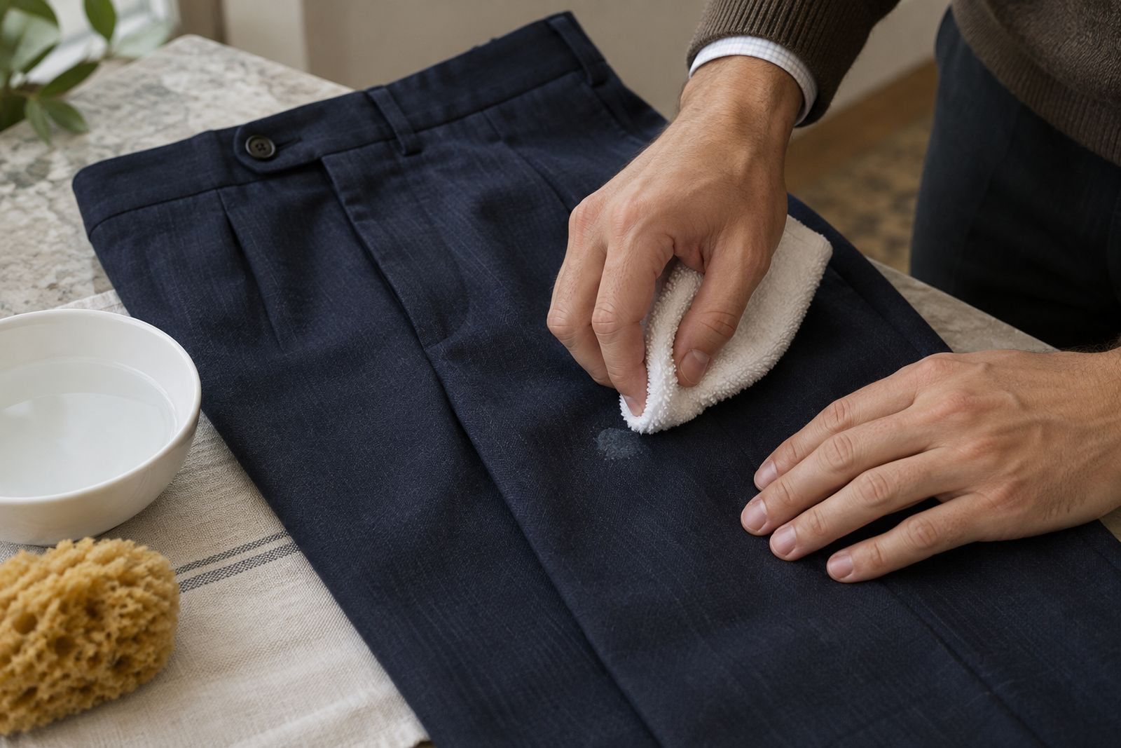Hands dabbing a mark on navy suit trousers with a white towel, working from the edge inward.