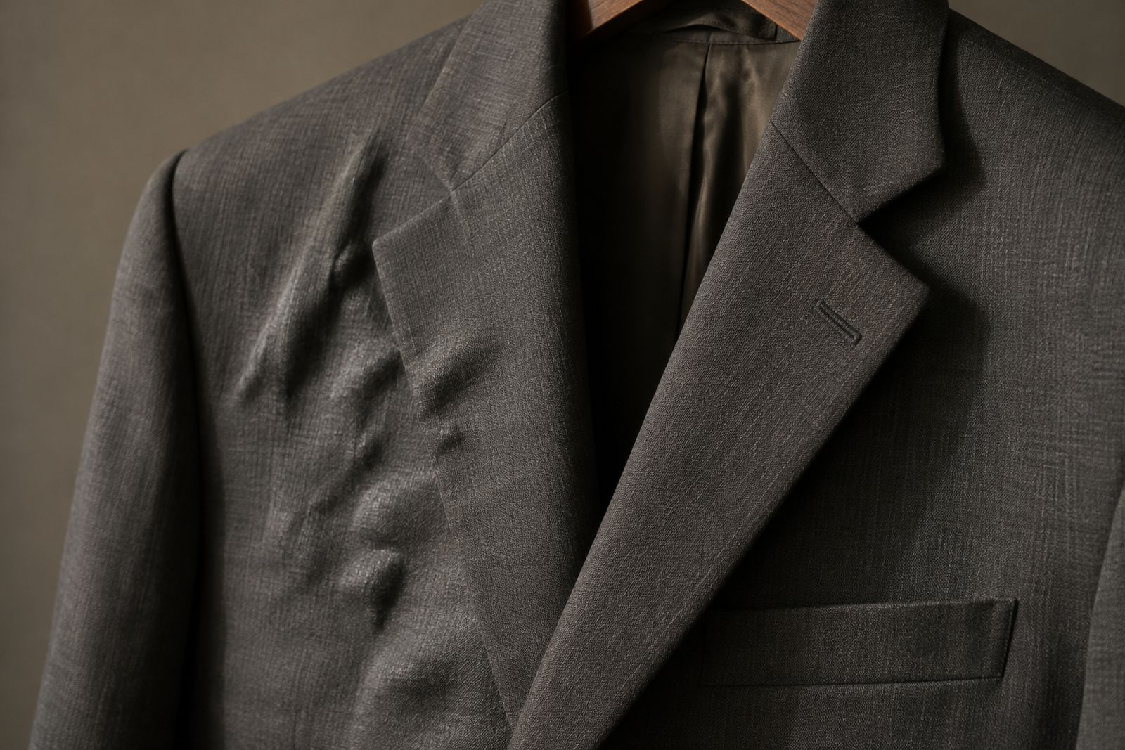 Puckers and ripples on the chest of a charcoal jacket where the fused interlining has separated.