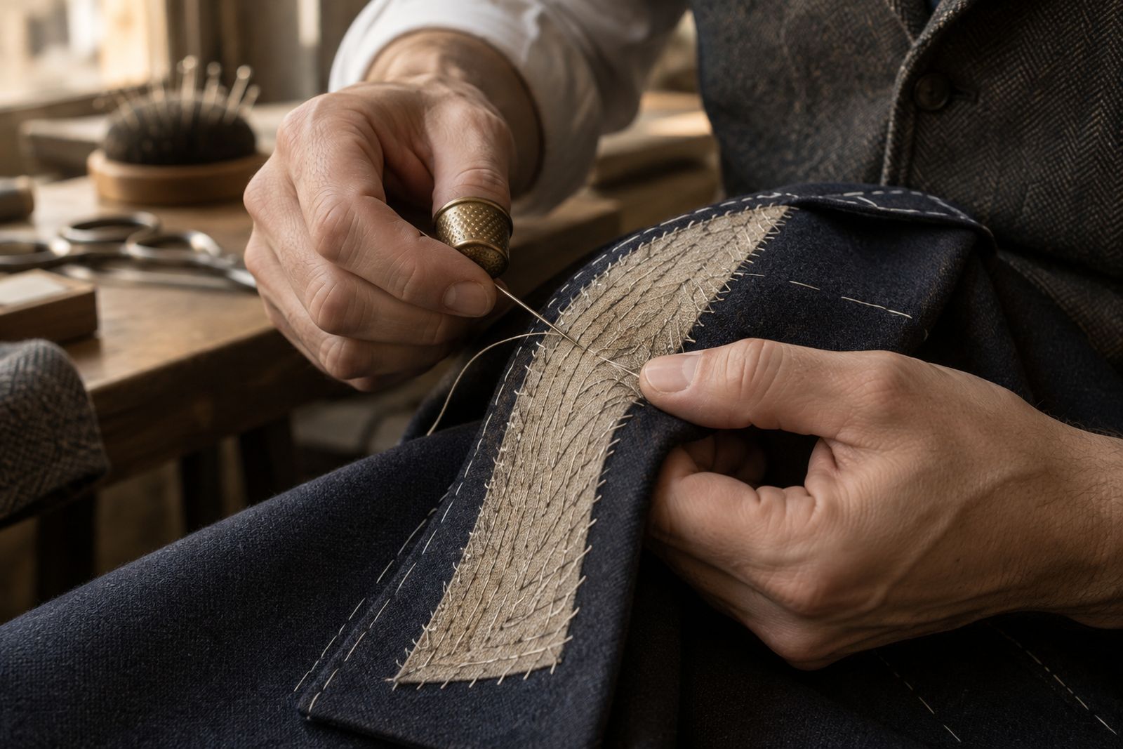 A coatmaker's hands pad-stitching a lapel curled over the forefinger, rows of small diagonal stitches on the canvas.