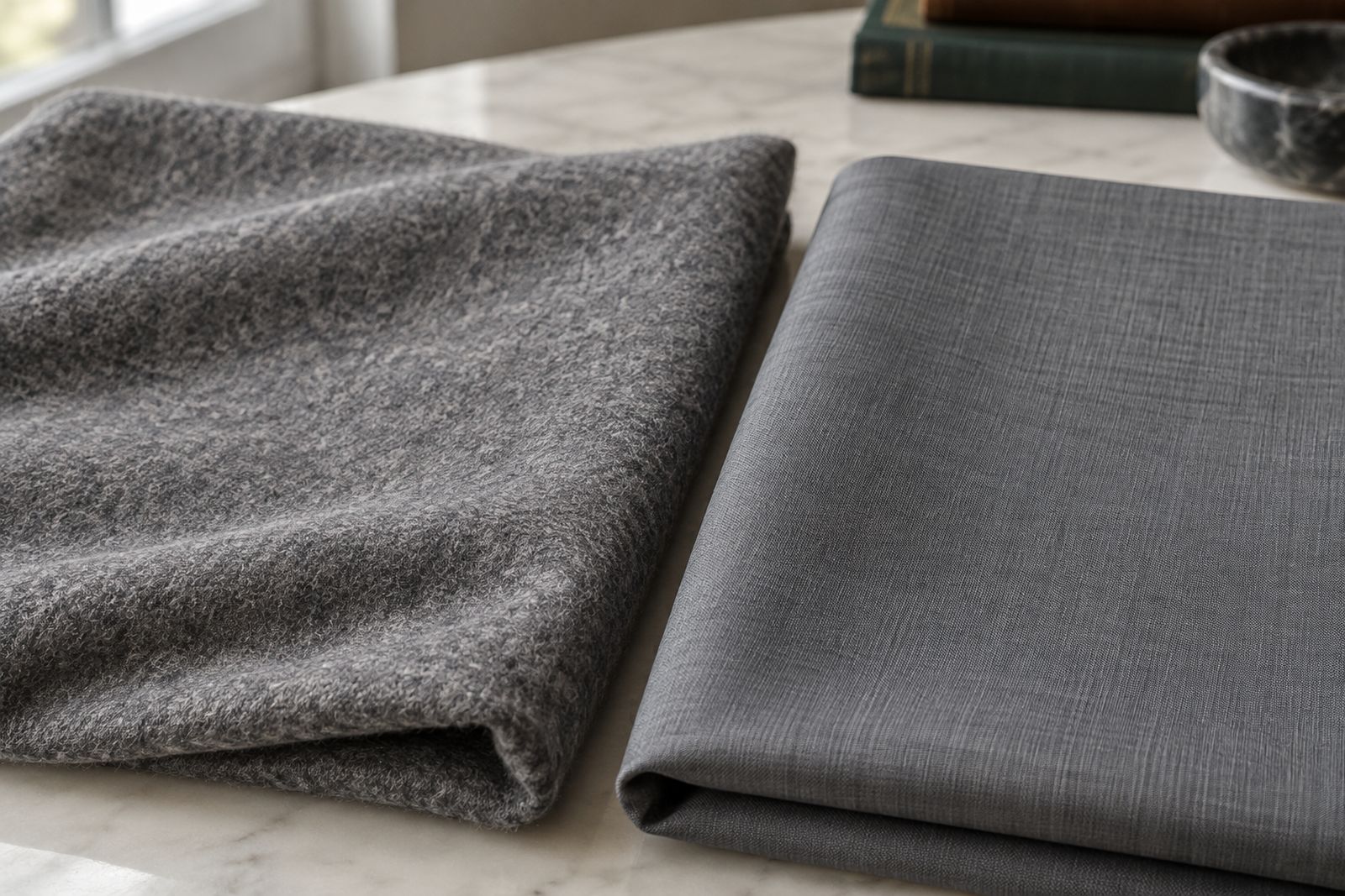Mid gray flannel with a soft, mottled surface beside a smooth mid gray worsted.