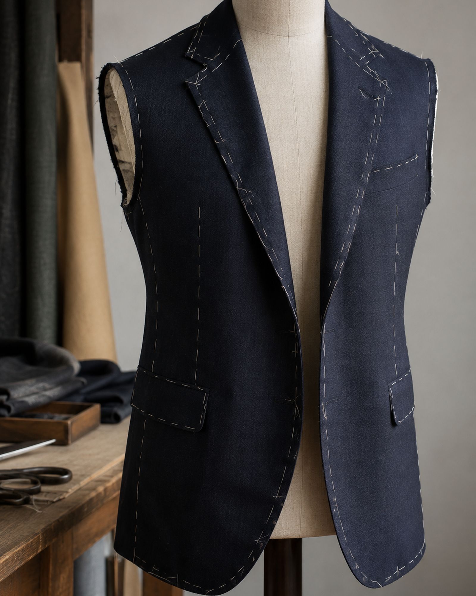 A basted navy jacket on a dummy, held together with white tacking stitches before the first fitting.