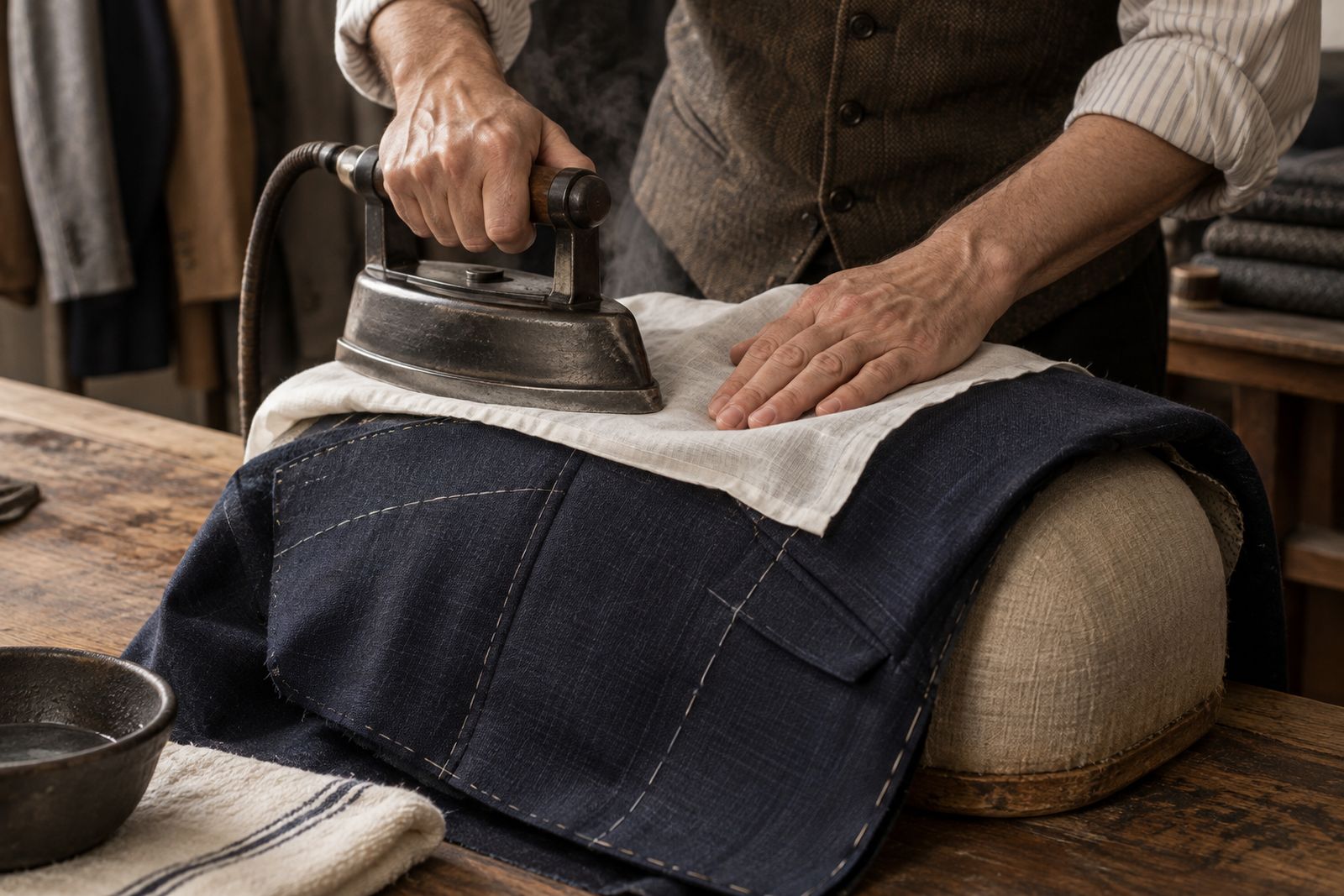A tailor's hands pressing the chest of a navy jacket front over a ham with a heavy iron and a pressing sheet.