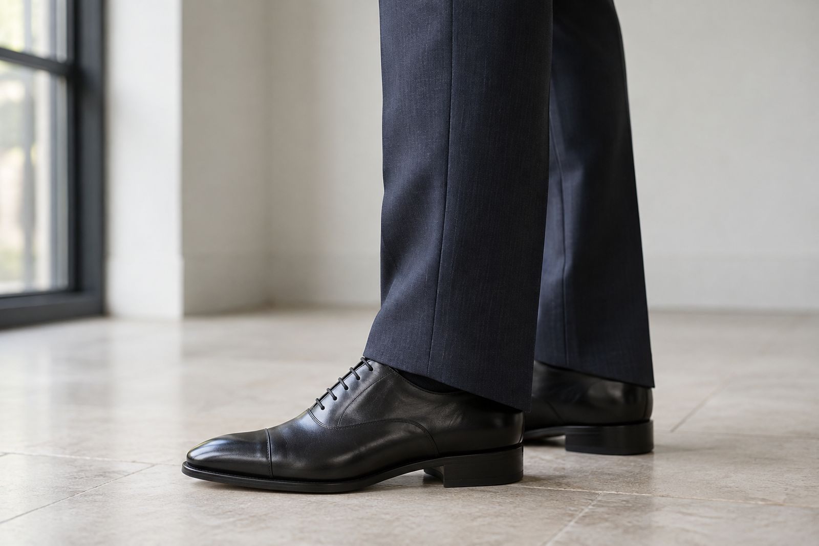Navy trousers with a slanted hem, higher at the front and lower at the back over the heel.