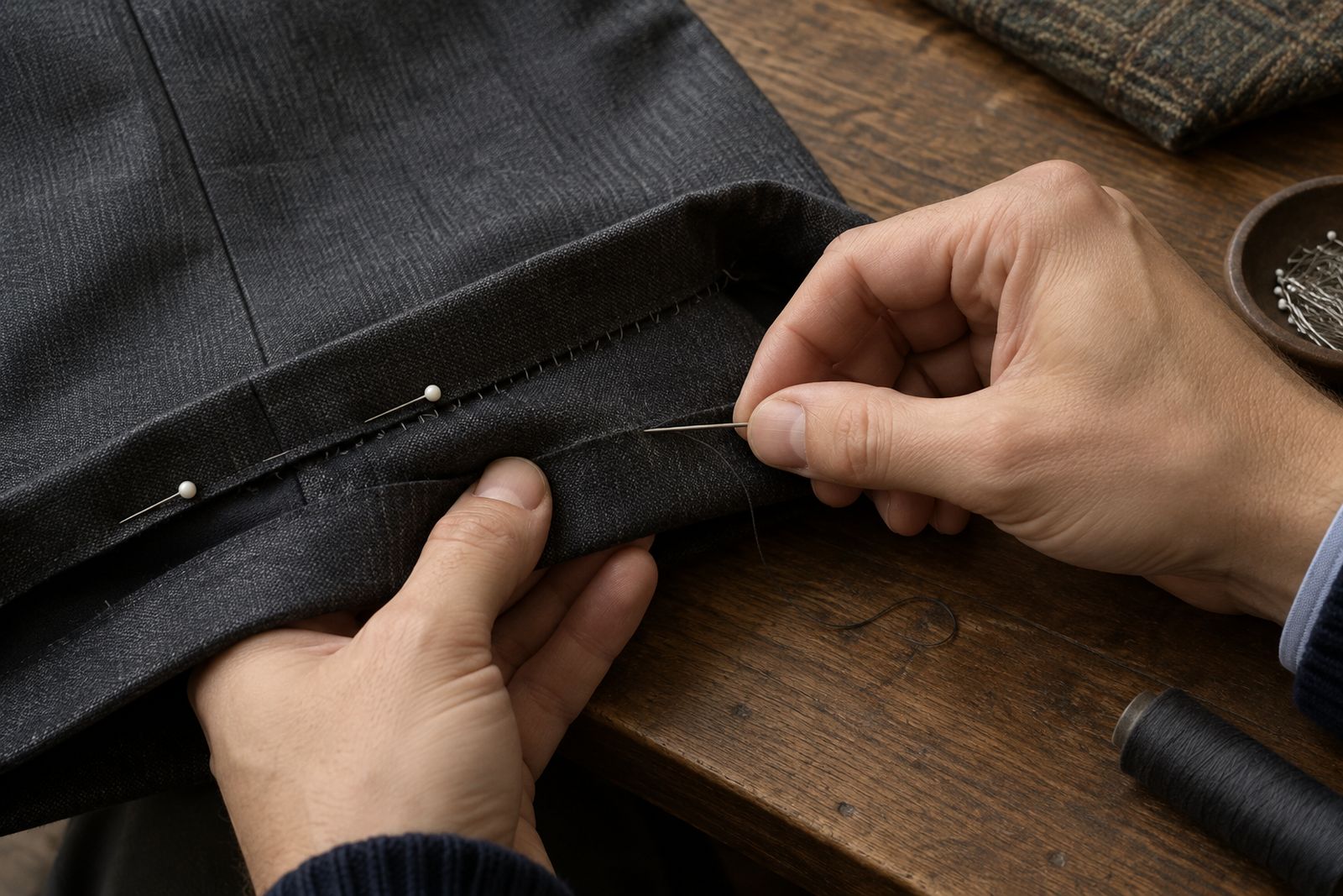 Hands sewing a blind hem by hand on the inside of a charcoal trouser leg.