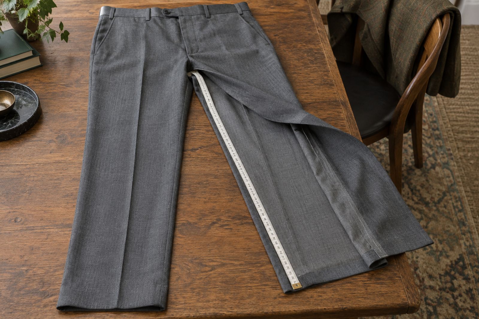 Gray suit trousers laid flat with a tape measure along the inseam from crotch to hem.