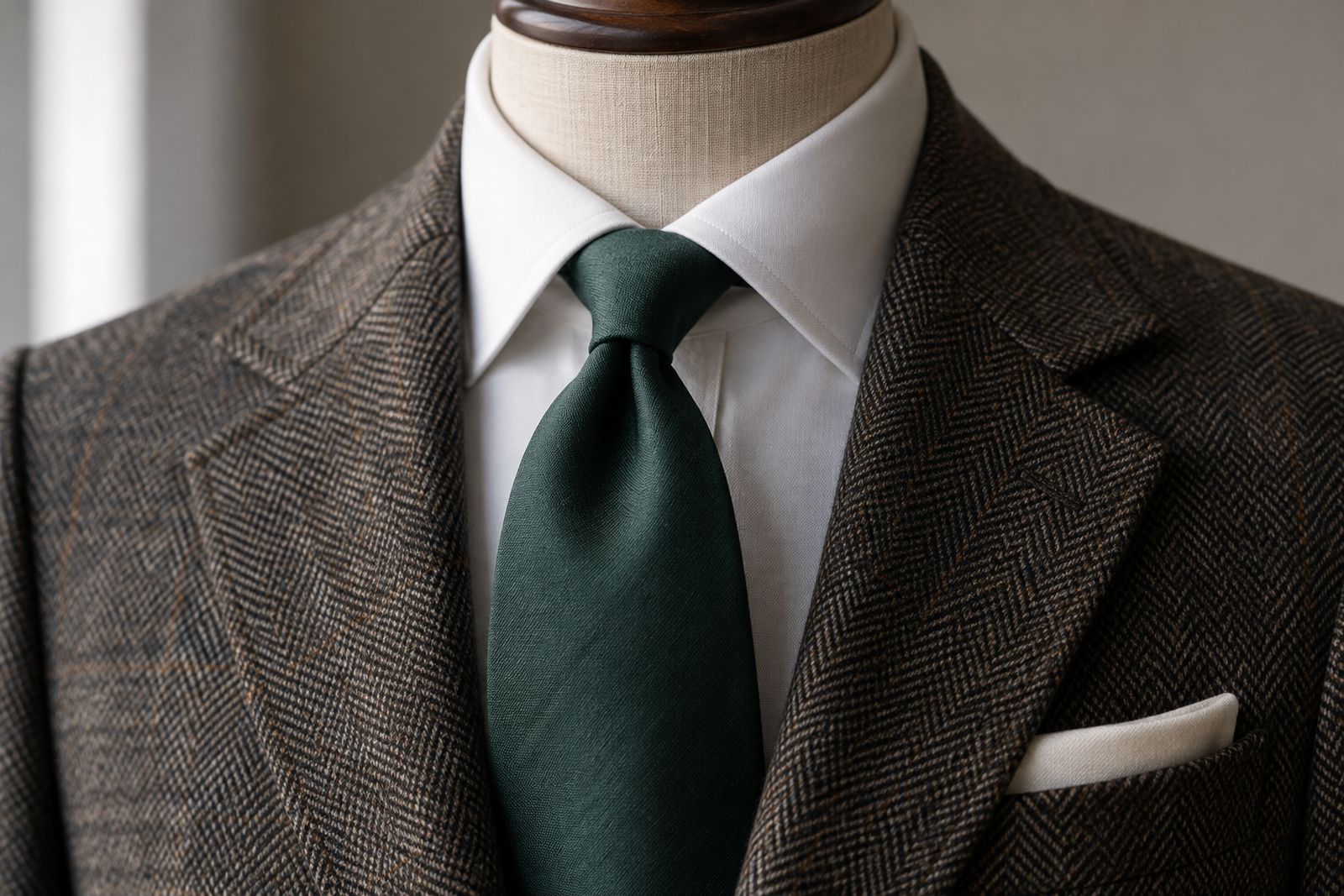 A green silk tie with a neat centered dimple just below the knot.