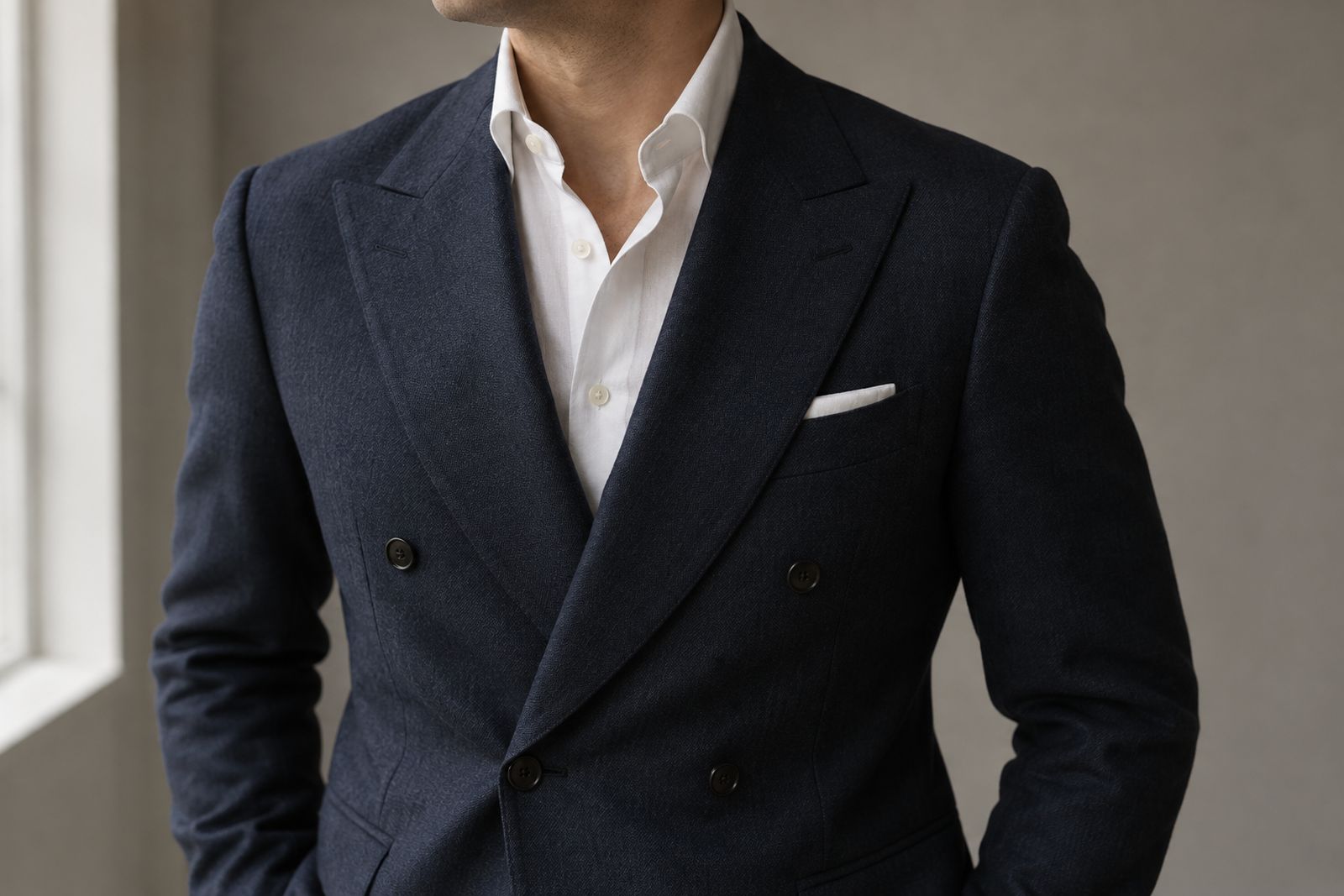 A fastened navy double-breasted jacket worn with an open-necked white shirt whose spread collar stands up under the lapels.
