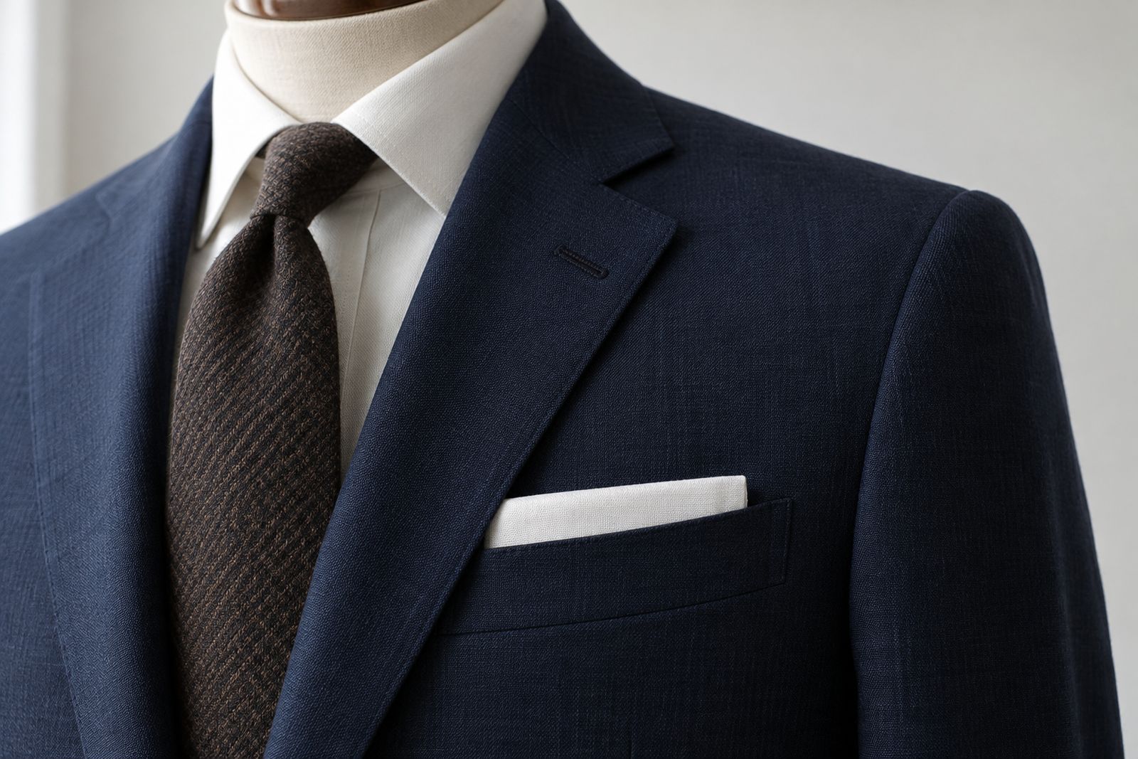 A white linen pocket square in a flat presidential fold in the breast pocket of a navy jacket.