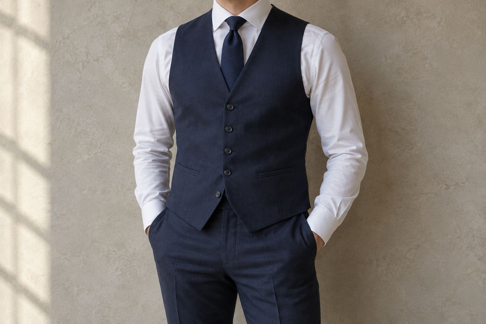 A navy waistcoat with its bottom button undone, covering the trouser waistband, worn over a white shirt and tie.