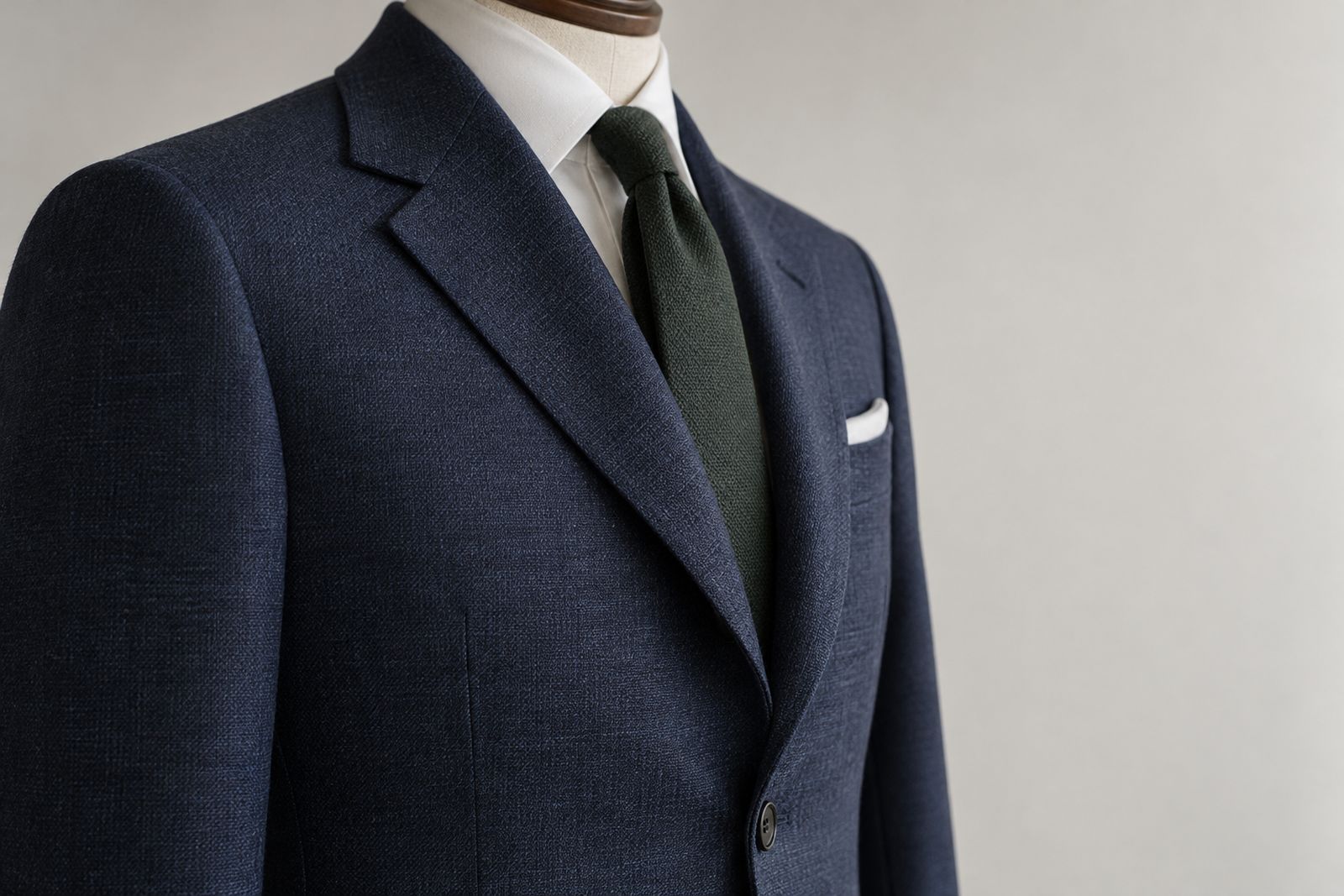 The soft, rounded roll of a navy jacket lapel seen from the side, with no pressed crease.