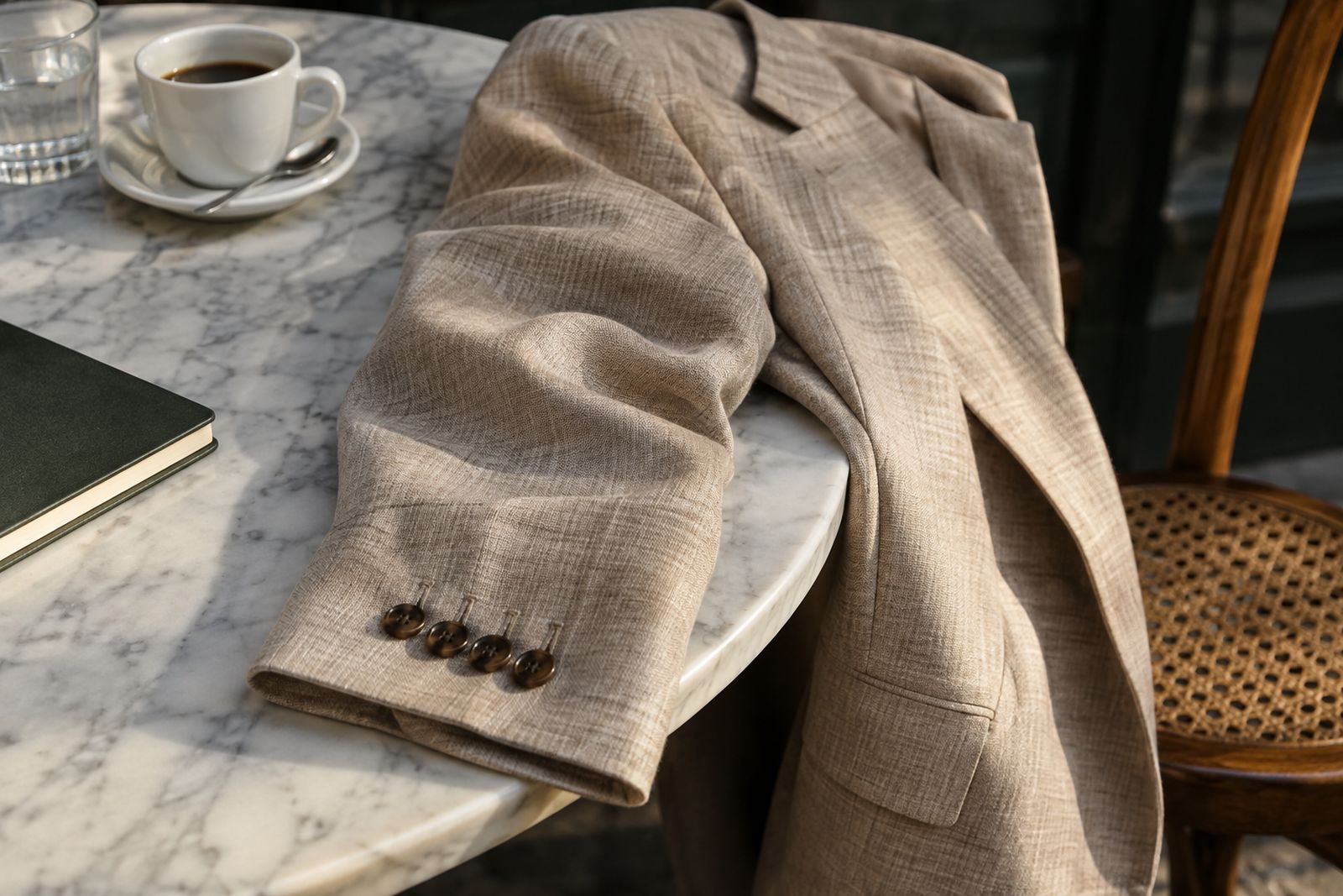 Close-up of soft creases at the elbow of a stone linen jacket sleeve on a marble table.