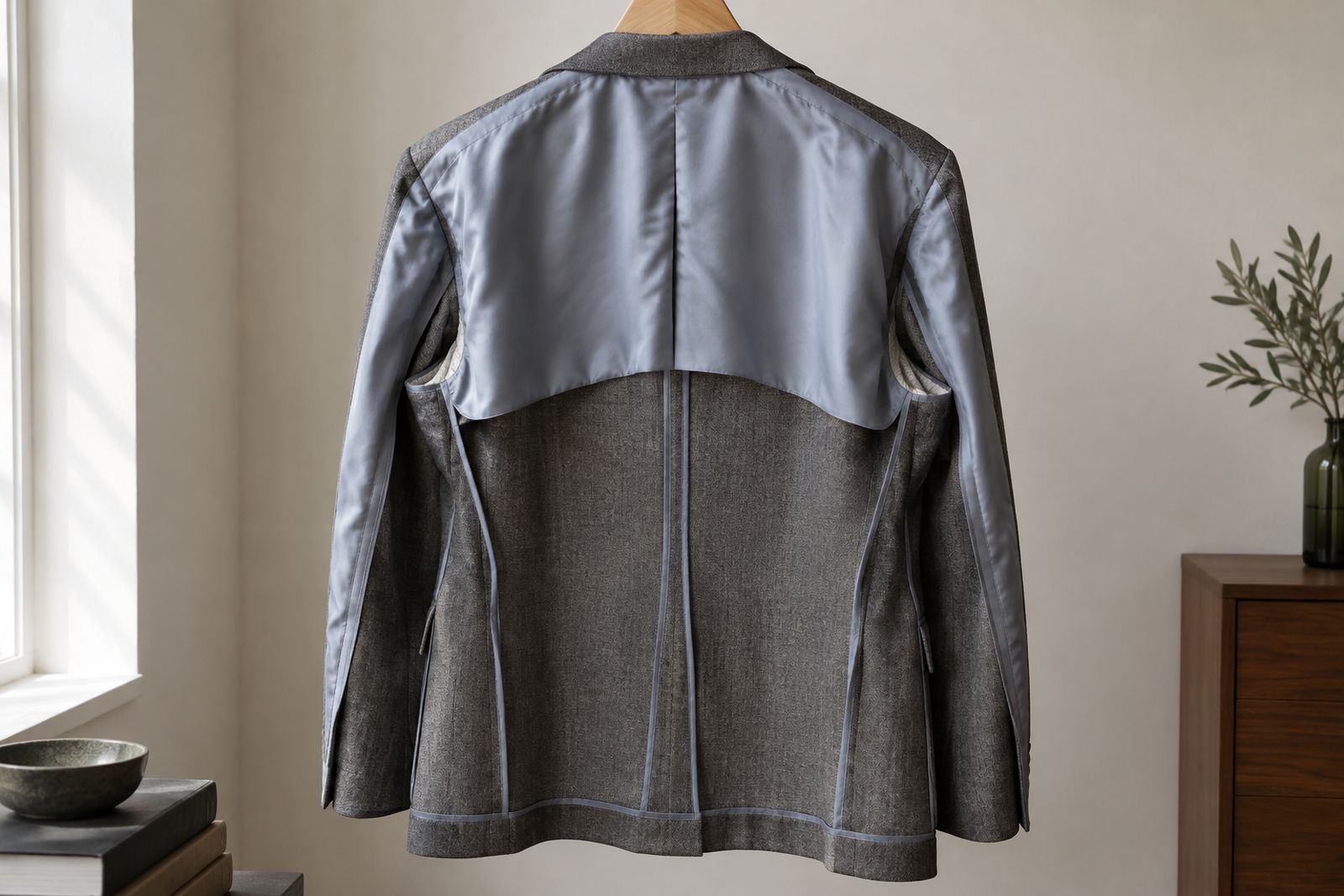 The inside back of a gray jacket with a half lining across the shoulders and bound seams below.