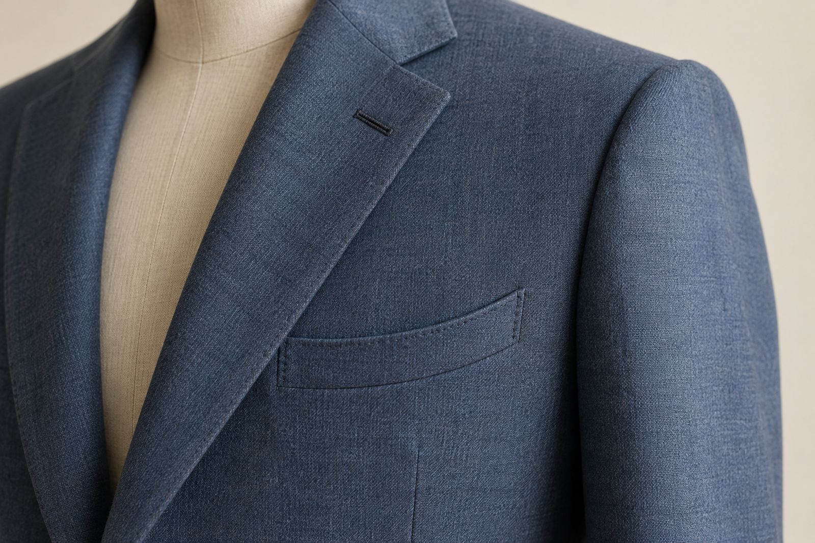 A curved barchetta breast pocket on a soft blue jacket, its opening rising at both ends.