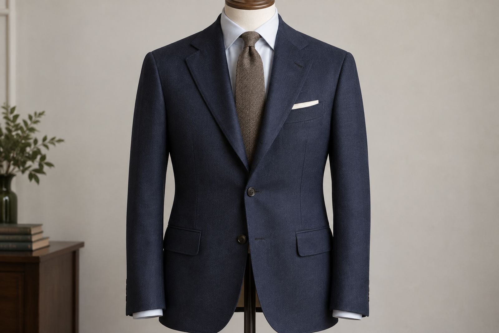 A navy three-roll-two jacket with the lapel rolling past the top button and only the middle button fastened.