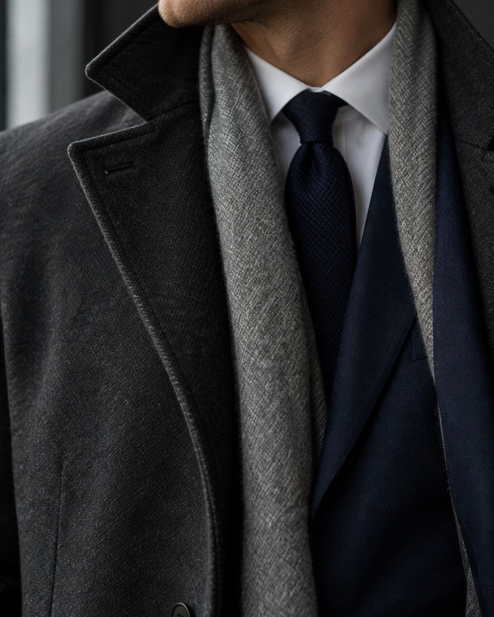 Detail of a charcoal overcoat collar worn over a navy suit jacket and a gray scarf.