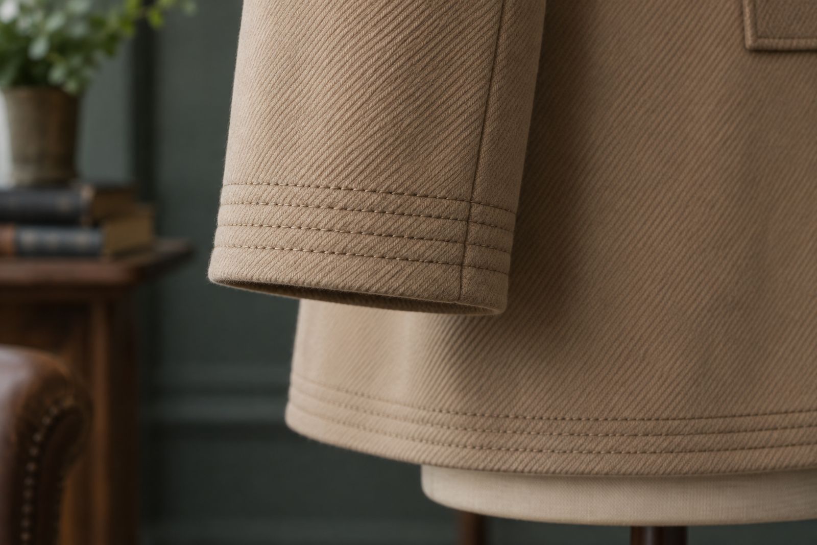 The cuff of a fawn covert coat finished with four parallel rows of stitching.