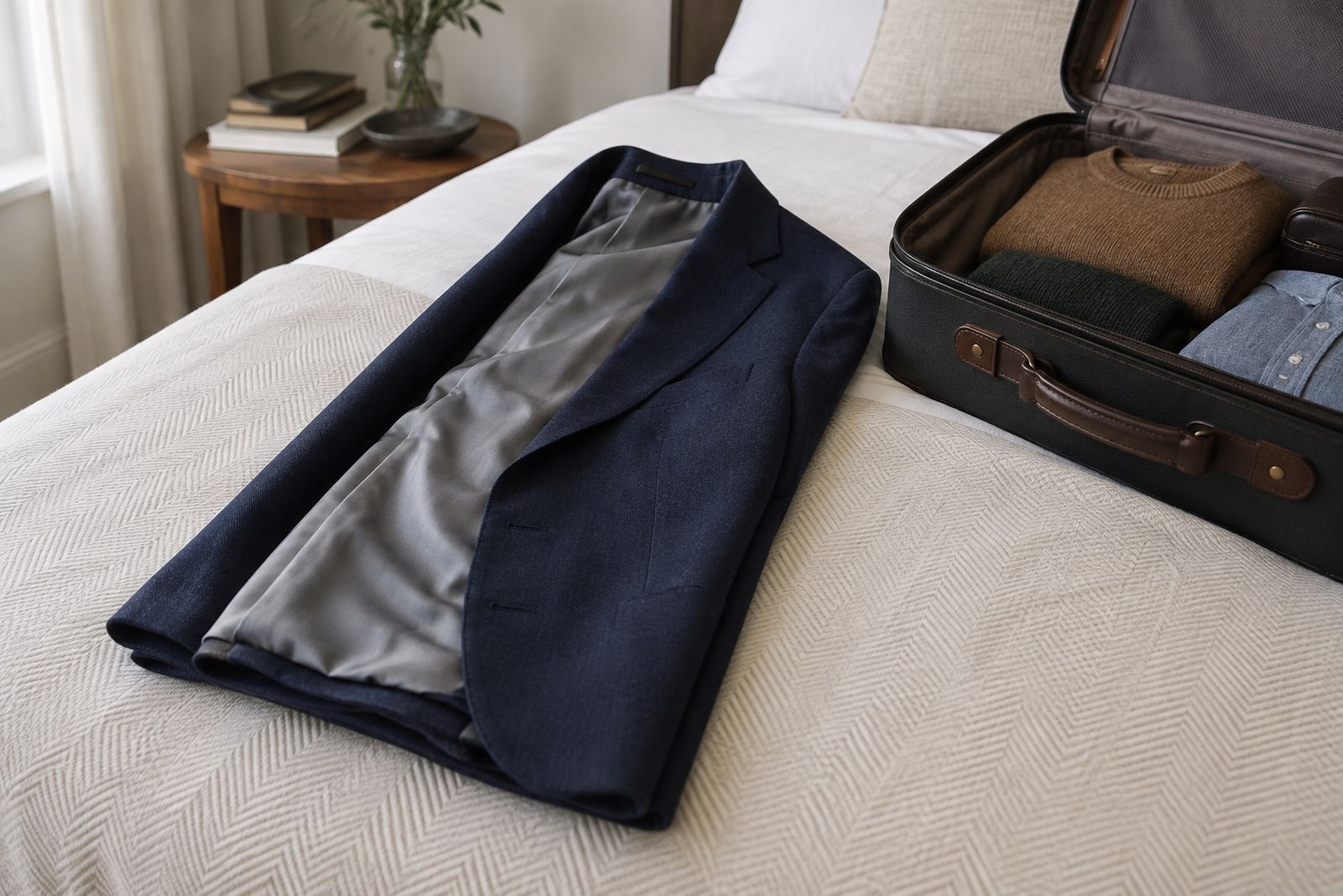 A navy suit jacket folded lengthwise with the lining facing out, ready to pack.