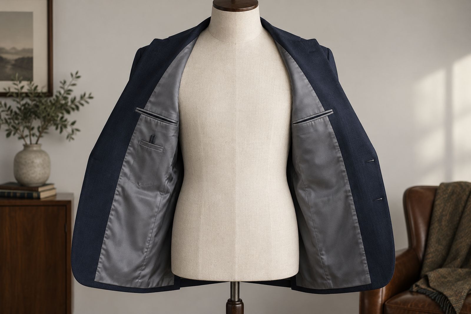 The open front of a navy jacket showing its gray lining, fabric facings and inside breast pockets.