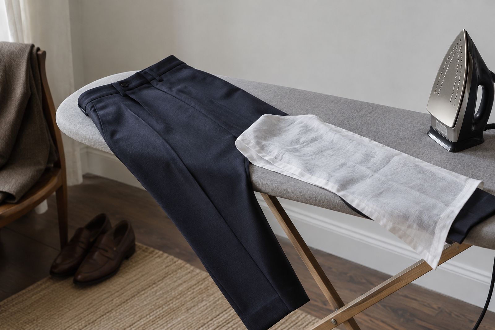 Navy suit trousers on an ironing board with a white pressing sheet over one leg and an iron beside it.