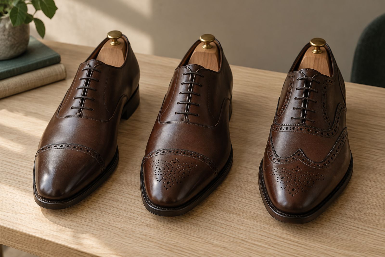 A quarter brogue, a semi-brogue and a full brogue oxford in dark brown leather side by side.