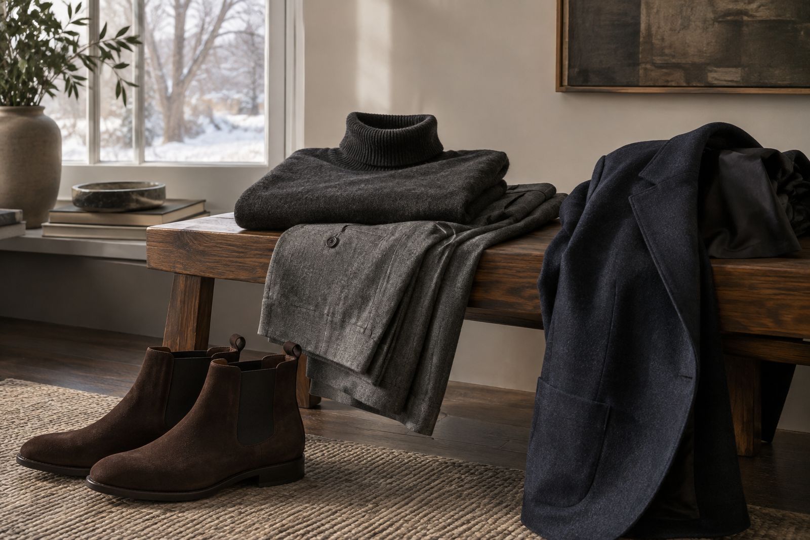 A charcoal roll-neck, gray flannel trousers, a navy jacket and brown suede chelsea boots arranged on a wooden bench.