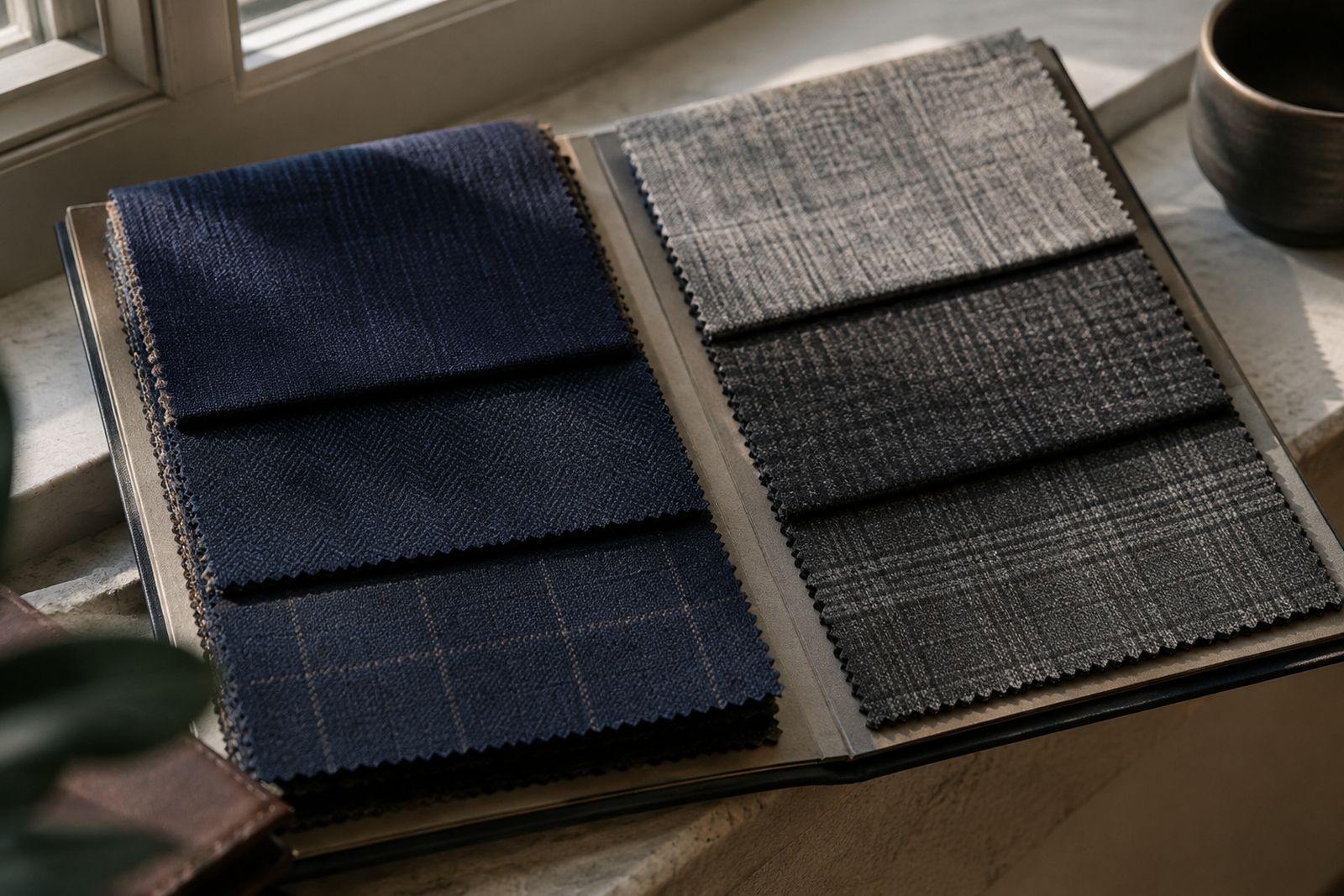 Navy, charcoal and gray fabric swatches in an open swatch book, lit by daylight from a window.