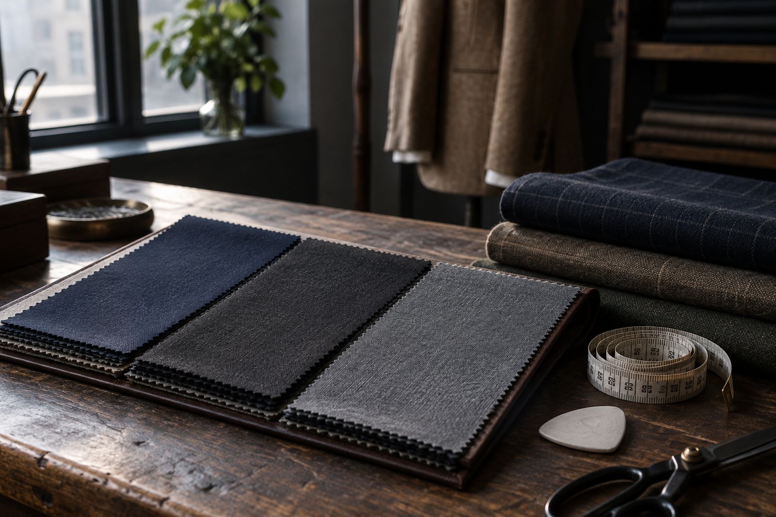 An open swatch book of navy and gray suit fabrics on a tailor's cutting table.