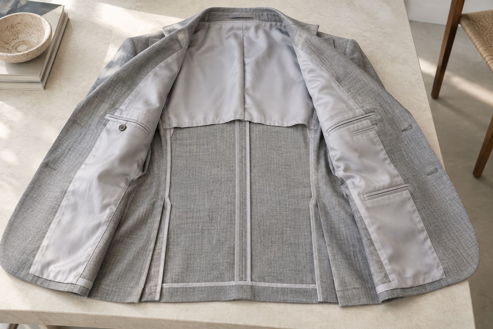 The inside of a half-lined light gray jacket, with lining at the shoulders and upper back and bound seams below.