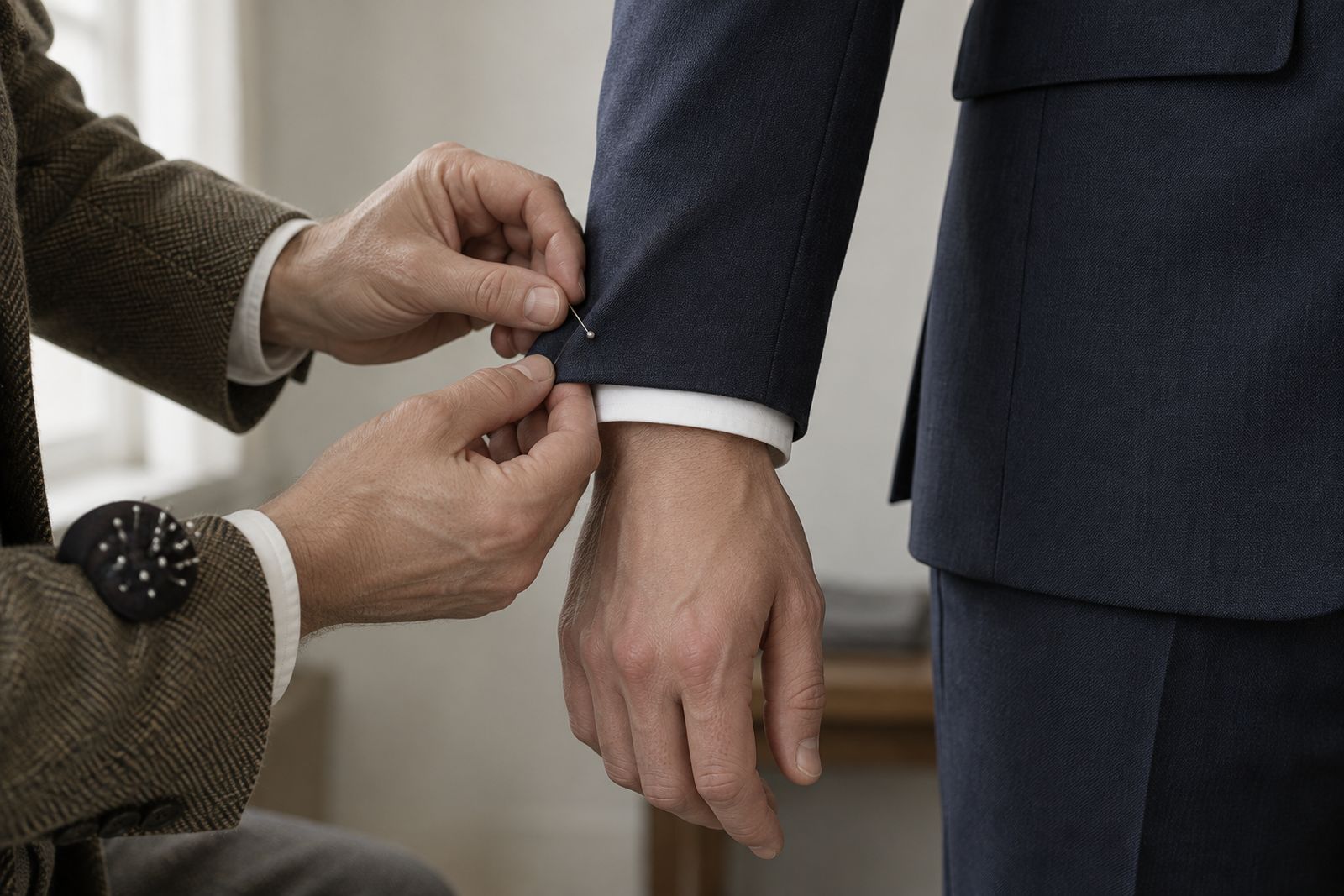 A tailor pinning a navy jacket sleeve so a narrow band of white shirt cuff shows below it.