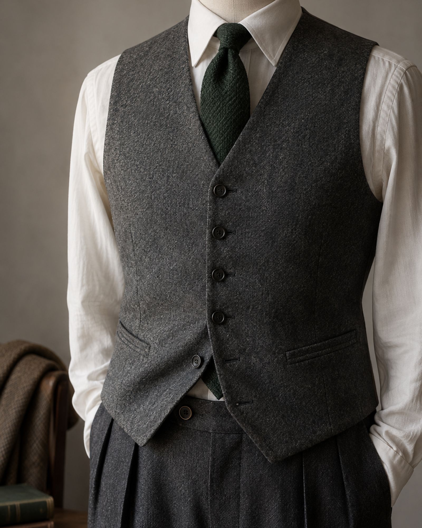 A gray flannel waistcoat with the bottom button undone, covering the trouser waistband.