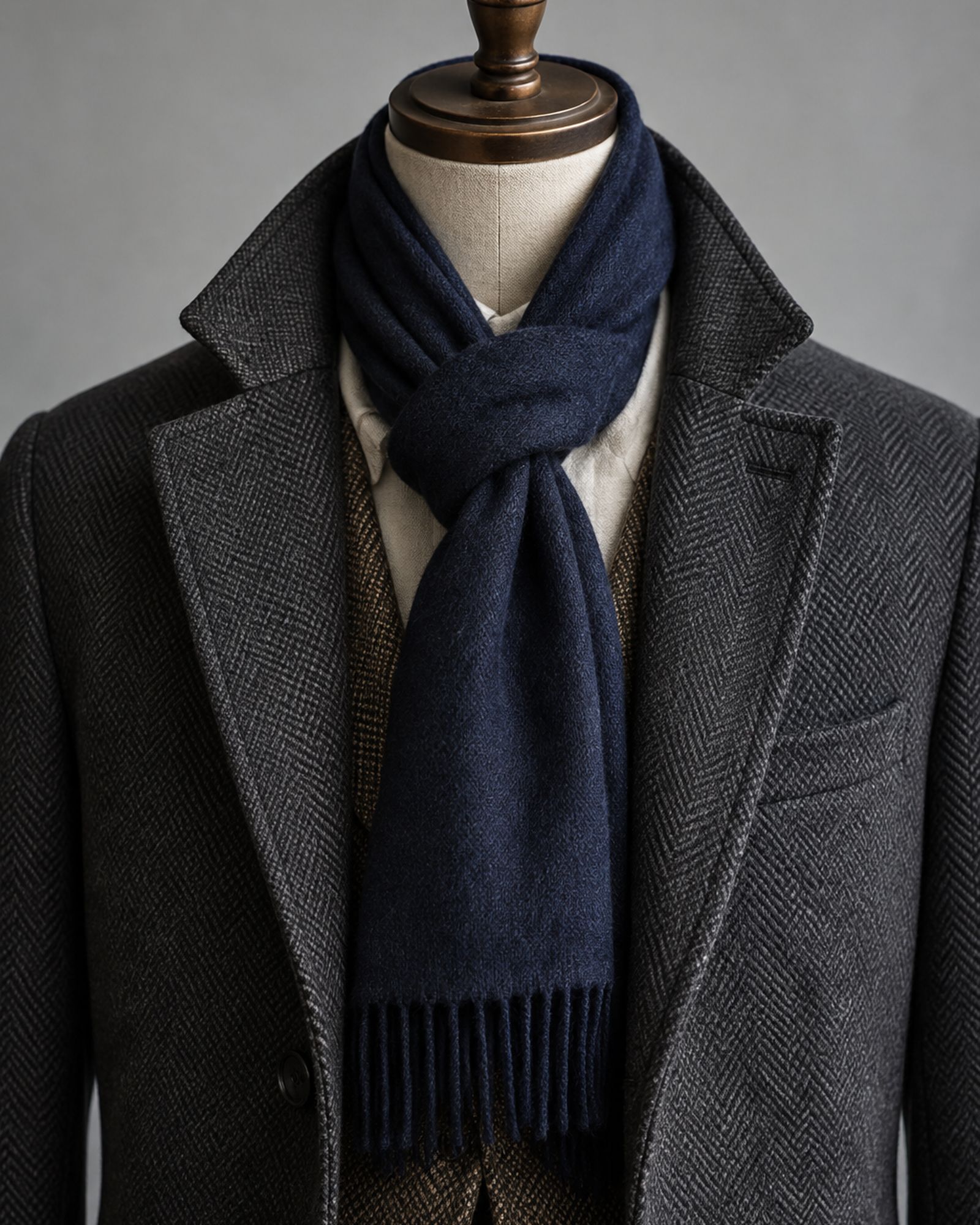 A navy scarf tied in a Parisian knot at the collar of a charcoal overcoat on a dummy.