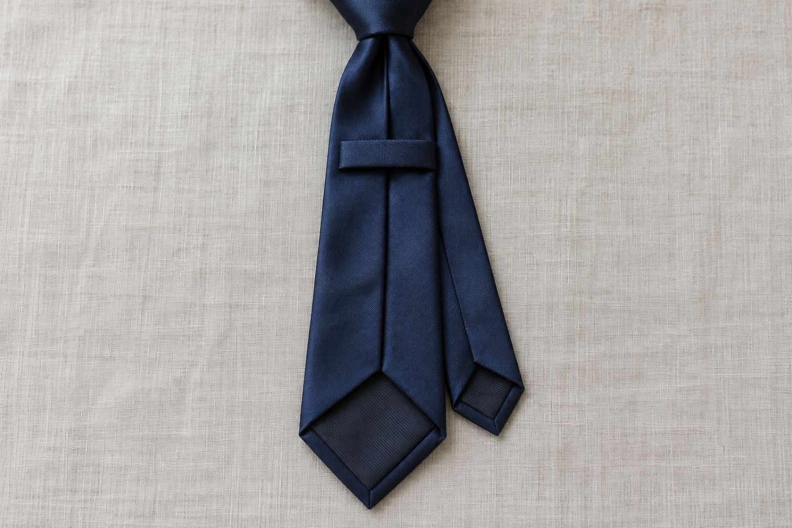 The back of a navy tie, with the shorter narrow end held behind the wide end by the keeper loop.