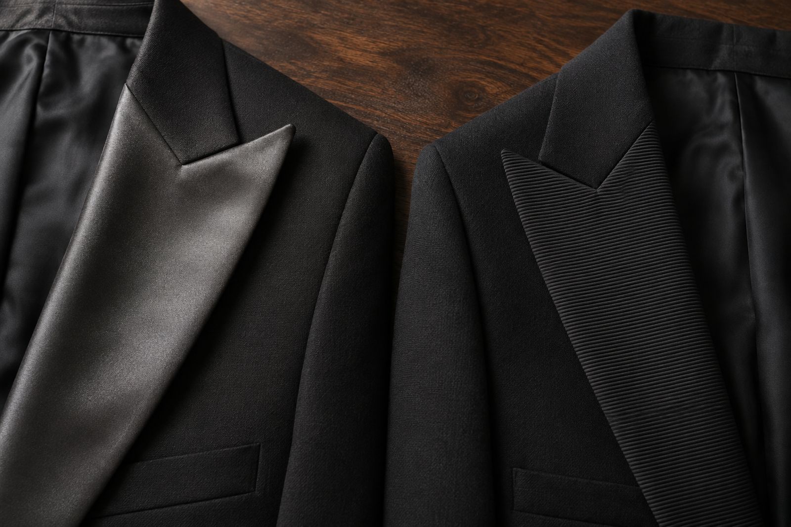A black satin-faced lapel beside a black grosgrain-faced lapel with fine horizontal ribs.