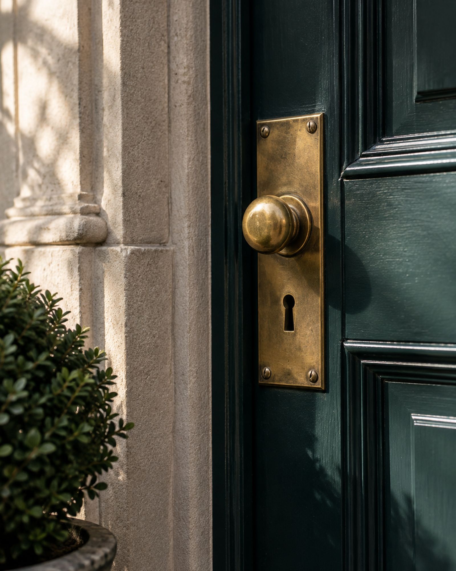 A brass door plate on a dark green painted door frame.