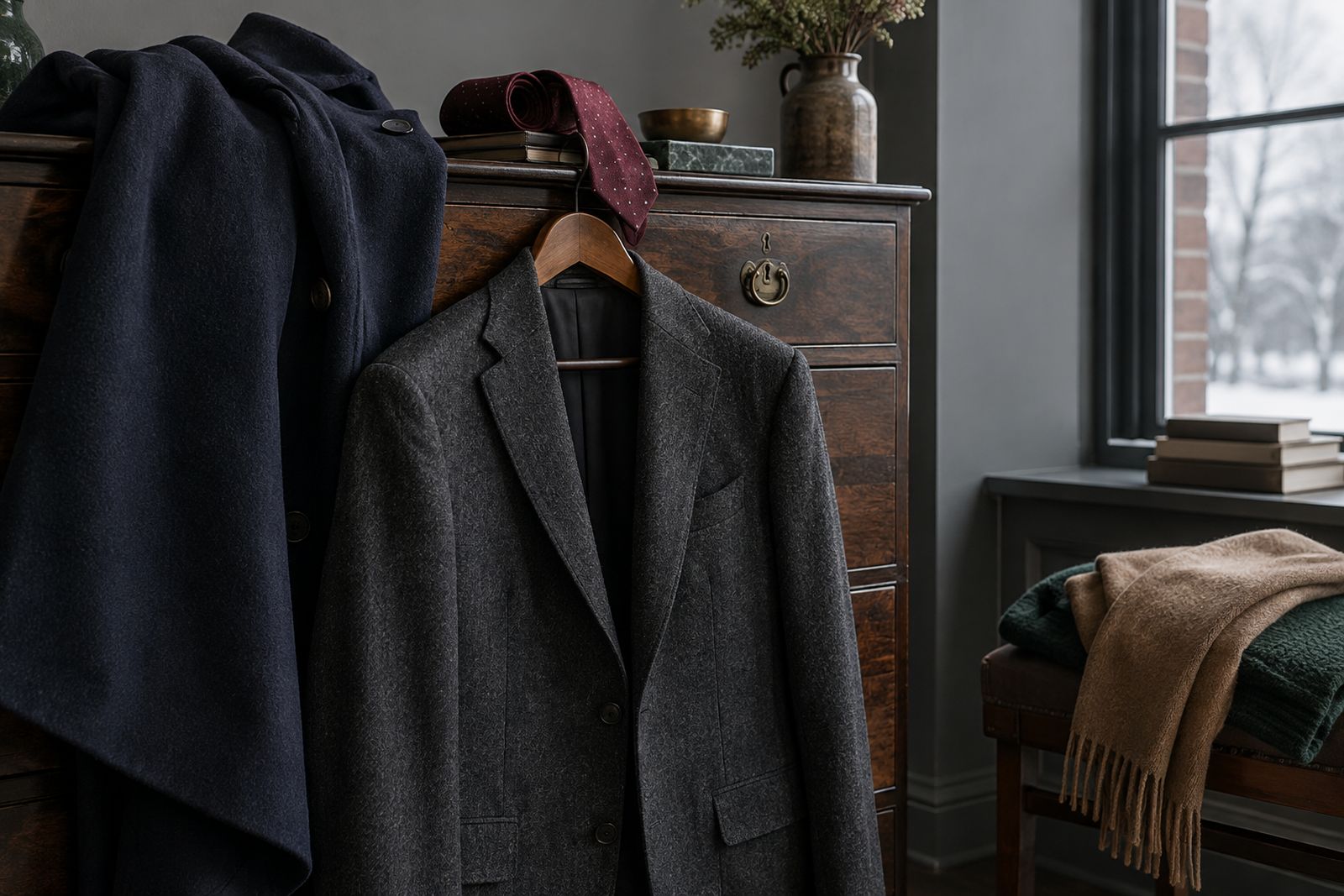 A charcoal suit jacket with a navy overcoat and a burgundy tie, ready for a winter wedding.