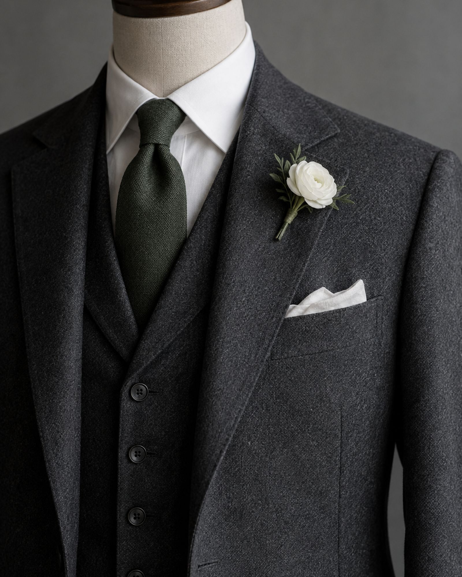 A charcoal three-piece suit on a dummy with a white boutonniere in the lapel and a white pocket square.