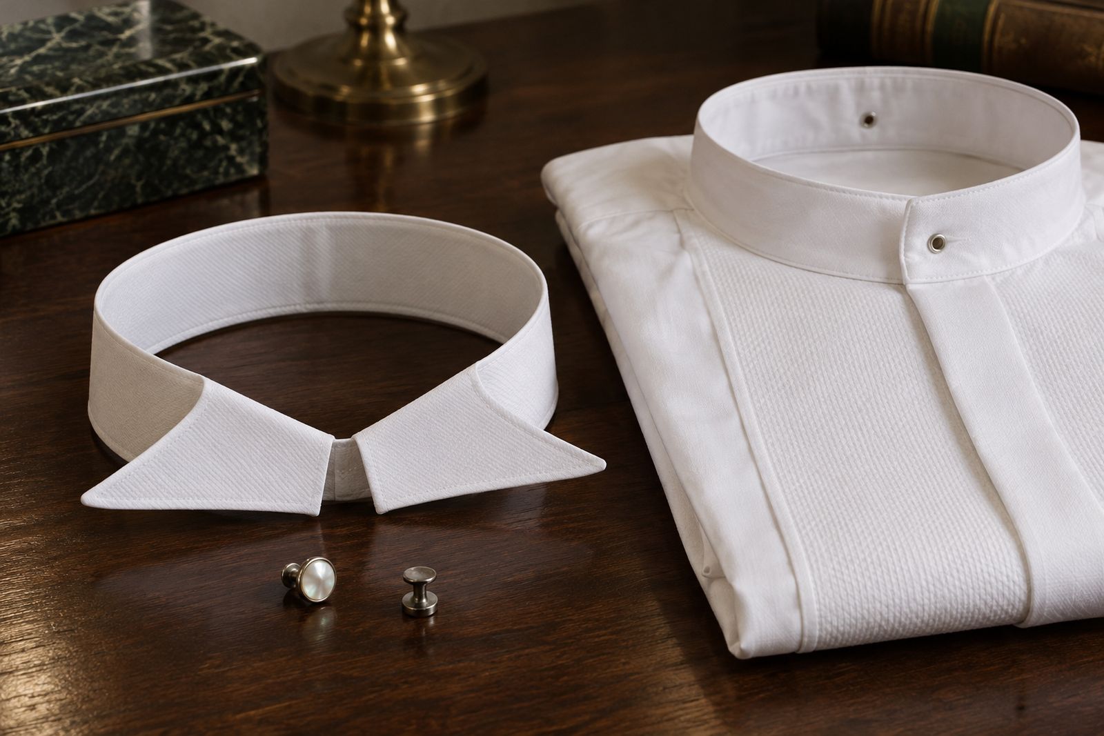 A detached starched wing collar beside two collar studs and the collarless neckband of a white tie shirt.