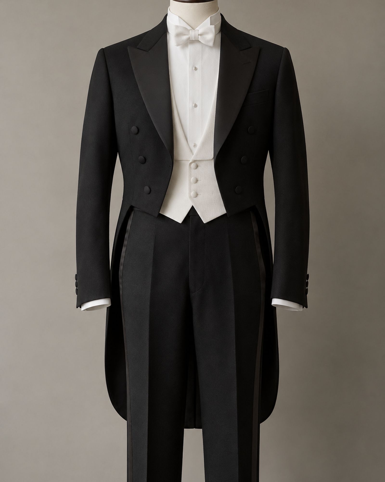 A white tie outfit on a dress form, with the white waistcoat ending just inside the front edge of the tailcoat.