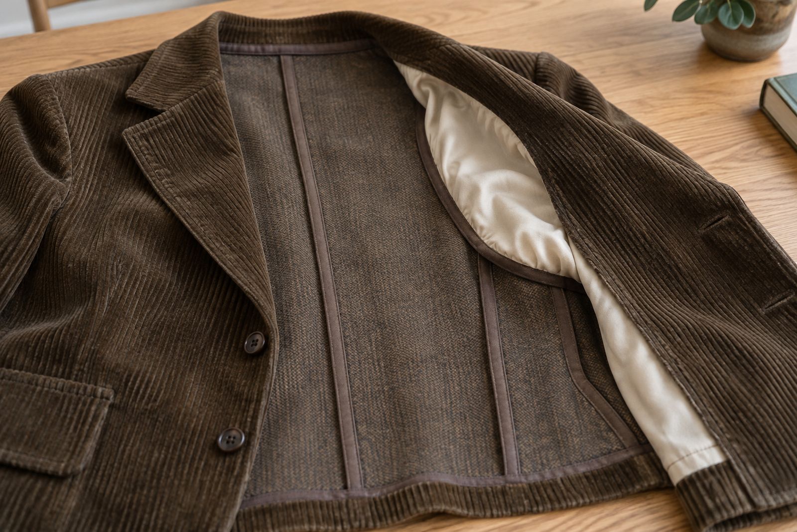 Inside of an unlined corduroy jacket with bound seams and lined sleeves.