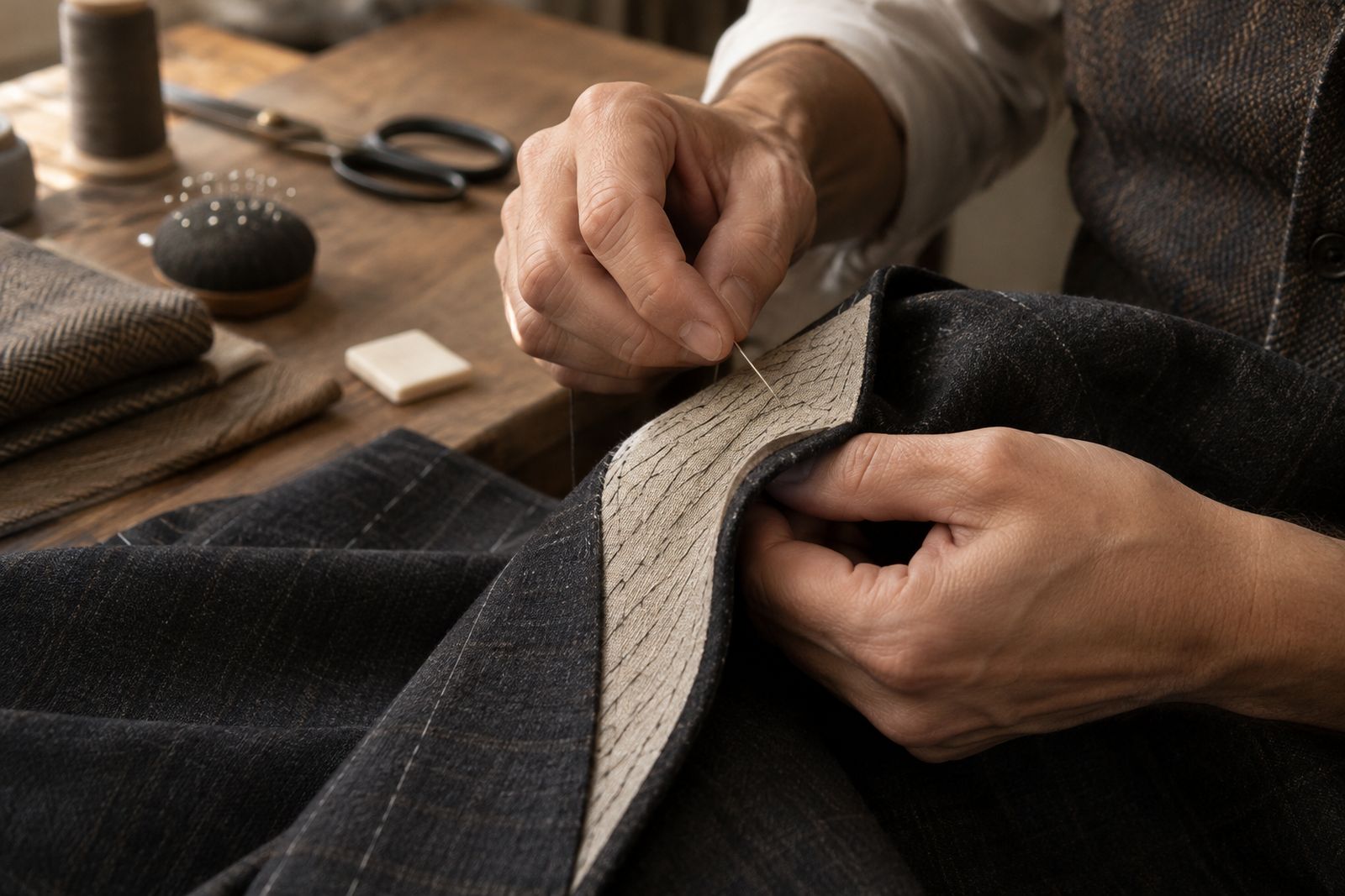 Hands pad-stitching the canvas side of a charcoal jacket lapel.