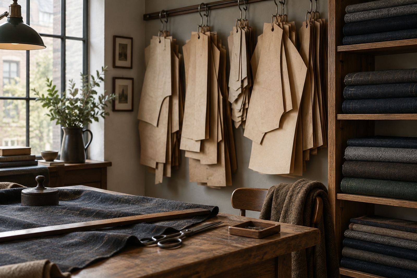 Brown paper patterns hanging from hooks above shelves of folded wool fabric.