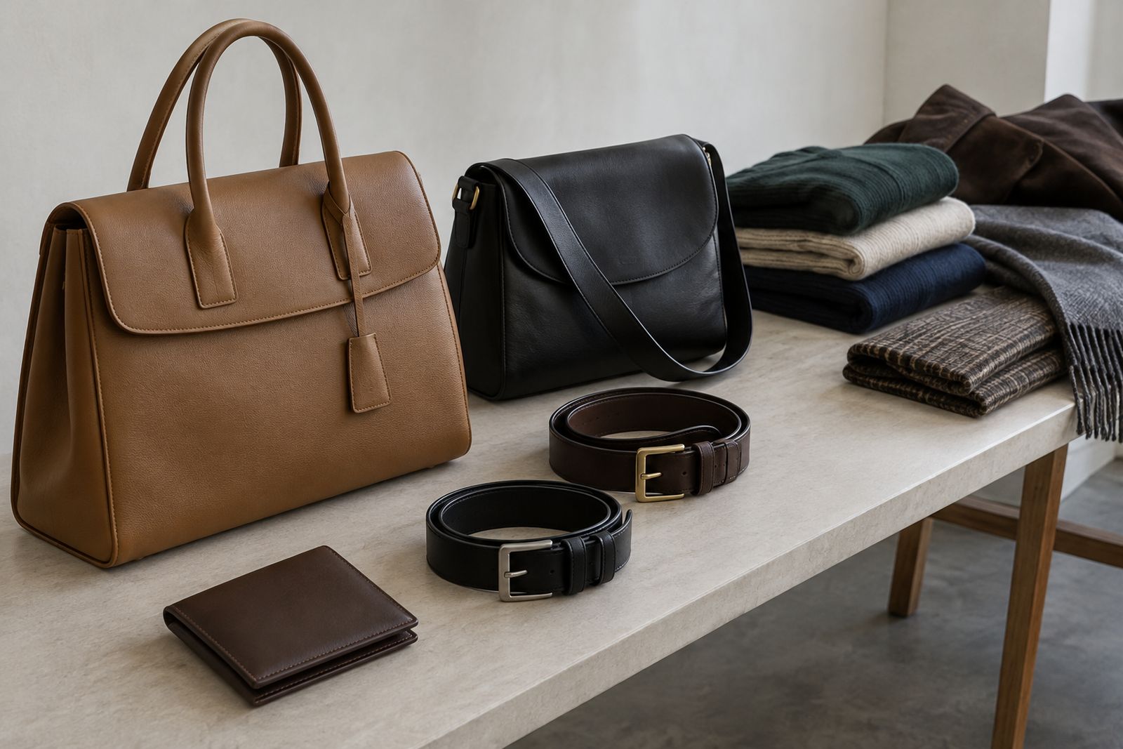Unbranded leather bags, belts and a wallet laid out on a table.