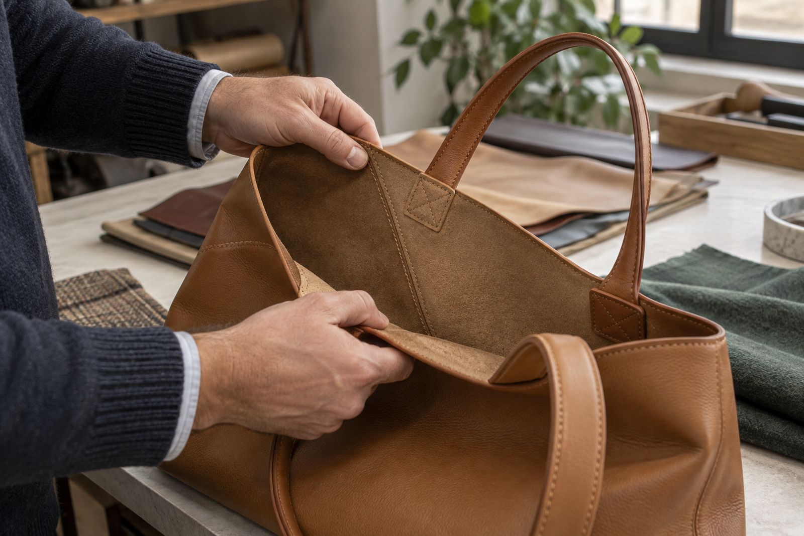Hands inspecting the inside seam of a leather bag at a workbench.