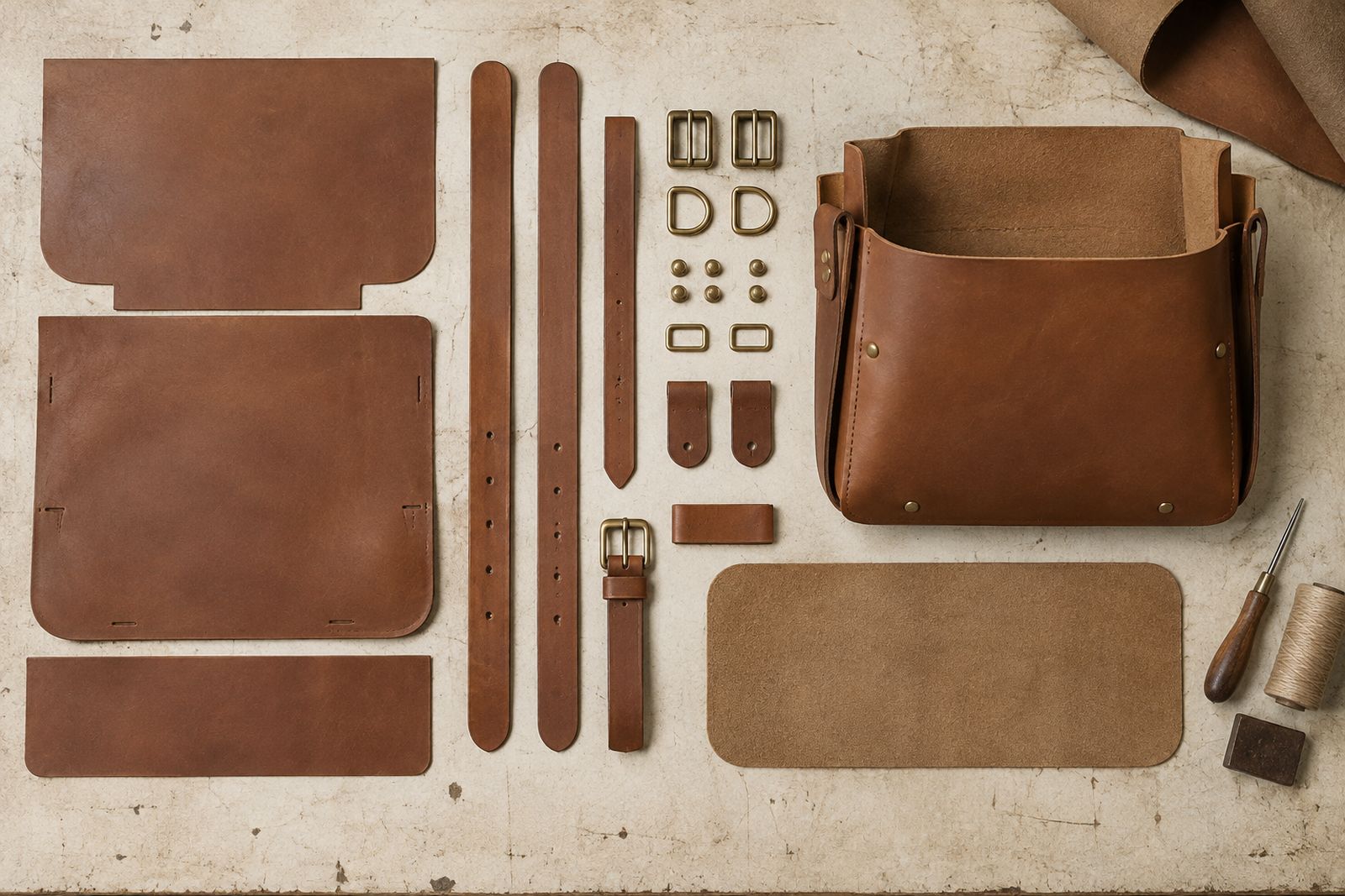 Leather bag components laid out in sequence, from cut panels to a partly assembled bag.